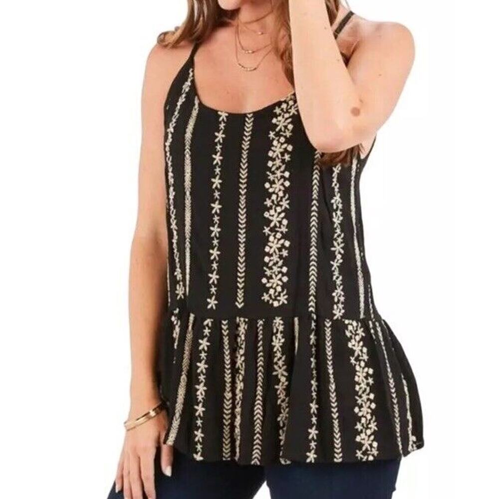 Hummingbird Black Tiered Cream Embroidered Top Women’s Sz L Spaghetti Straps